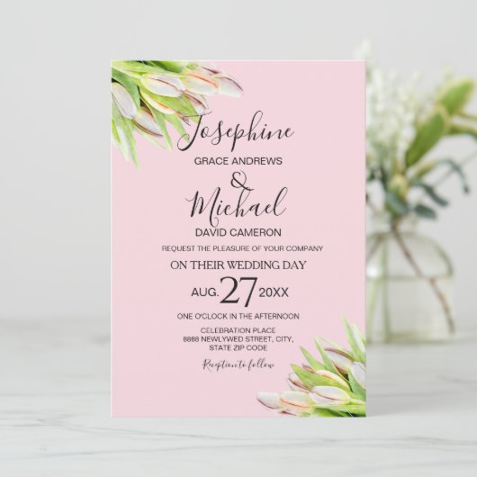 Elegante roze groene tulp zomerbruiloft kaart (Staand voorkant)