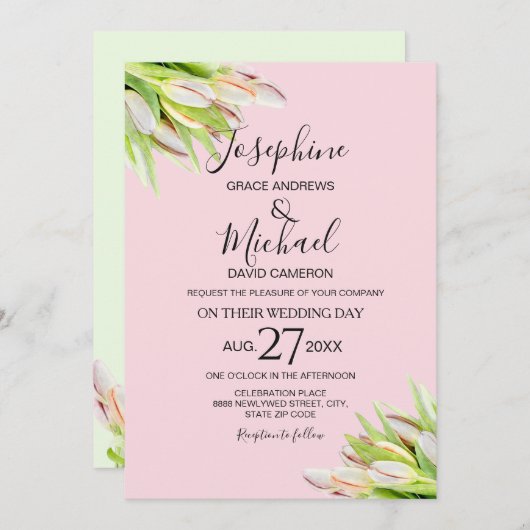 Elegante roze groene tulp zomerbruiloft kaart (Voorkant / Achterkant)