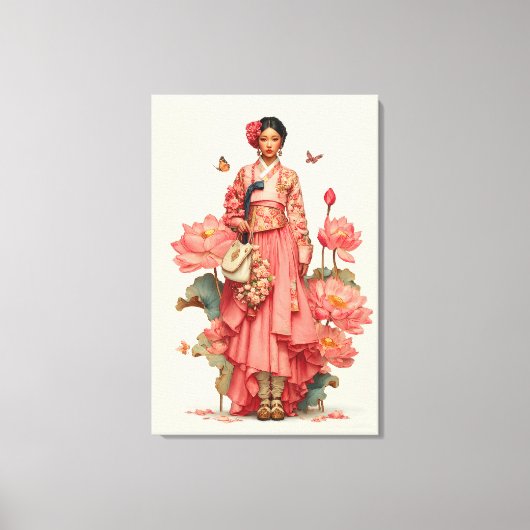 Elegante Roze Hanbok en Lotusbloem Canvas Kunst (Voorkant)