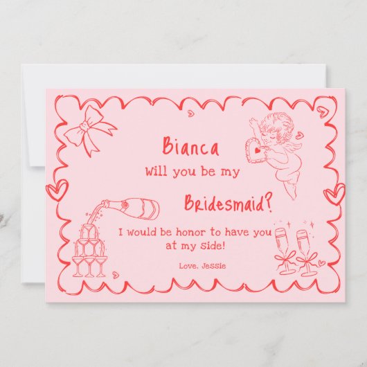 Elegante roze Hand getrokken bruidsmeisje voorstel Kaart (Voorkant)