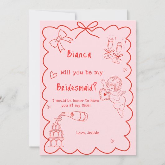 Elegante Roze Hand Getrokken Bruidsmeisje Voorstel Kaart (Voorkant)