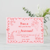 Elegante Roze Hand Getrokken Bruidsmeisje Voorstel Kaart (Staand voorkant)