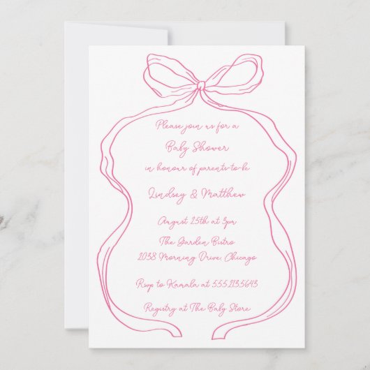 Elegante Roze Hand getrokken Coquette Bow Baby sho Kaart (Voorkant)