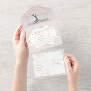 Elegante Roze Hart Blad Boom Bruiloft All In One Uitnodiging