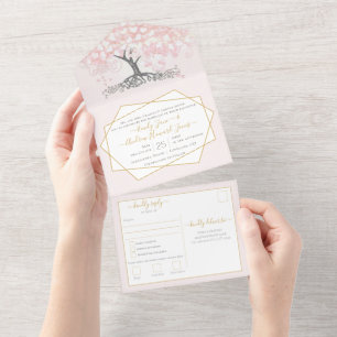 Elegante Roze Hart Blad Boom Bruiloft All In One Uitnodiging
