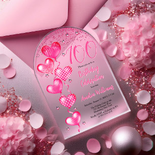 Elegante roze hartballonnen 100ste verjaardagsfees acryl uitnodigingen