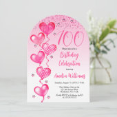 Elegante roze hartballonnen 100ste verjaardagsfees kaart (Staand voorkant)