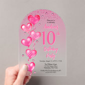 Elegante roze hartballonnen 10e verjaardagsfeest acryl uitnodigingen (Insitu (Draagbaar))