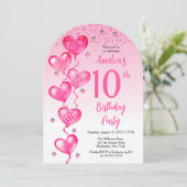 Elegante roze hartballonnen 10e verjaardagsfeest kaart (Staand voorkant)