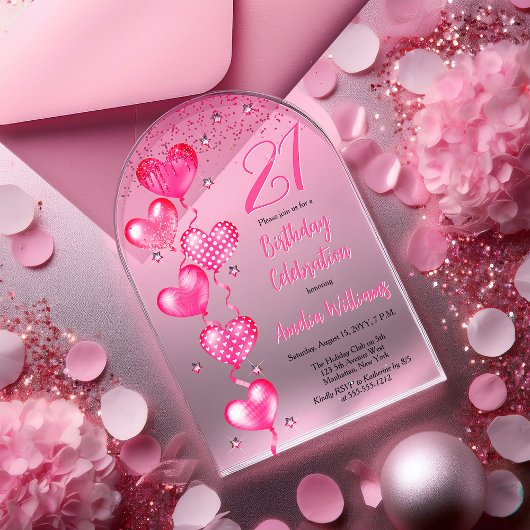 Elegante roze hartballonnen 21e verjaardagsfeest acryl uitnodigingen