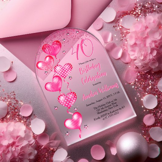 Elegante roze hartballonnen 40e verjaardagsfeest acryl uitnodigingen