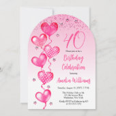 Elegante roze hartballonnen 40e verjaardagsfeest kaart (Voorkant)