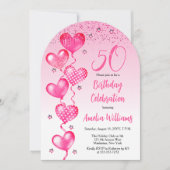 Elegante roze hartballonnen 50e verjaardagsfeest kaart (Voorkant)