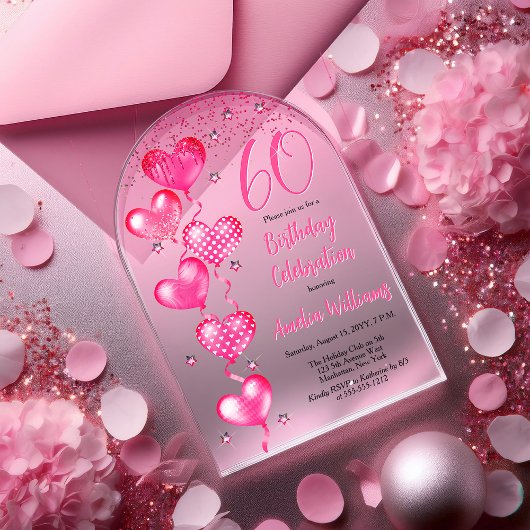 Elegante roze hartballonnen 60e verjaardagsfeest acryl uitnodigingen