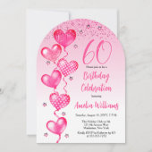 Elegante roze hartballonnen 60e verjaardagsfeest kaart (Voorkant)