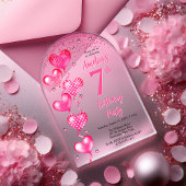 Elegante roze hartballonnen 7e verjaardagsfeest acryl uitnodigingen