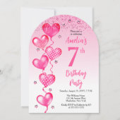 Elegante roze hartballonnen 7e verjaardagsfeest kaart (Voorkant)