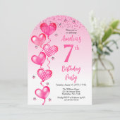Elegante roze hartballonnen 7e verjaardagsfeest kaart (Staand voorkant)