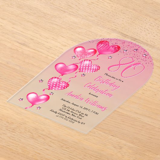 Elegante roze hartballonnen 80ste verjaardagsfeest acryl uitnodigingen (Laagn)