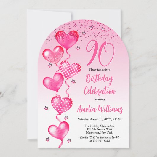 Elegante roze hartballonnen 90ste verjaardagsfeest kaart (Voorkant)