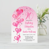 Elegante roze hartballonnen 90ste verjaardagsfeest kaart (Staand voorkant)
