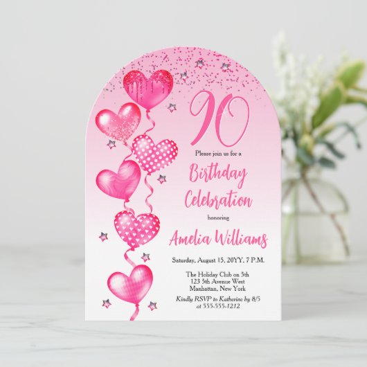 Elegante roze hartballonnen 90ste verjaardagsfeest kaart (Staand voorkant)