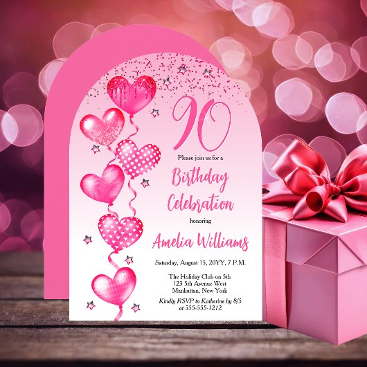 Elegante roze hartballonnen 90ste verjaardagsfeest kaart