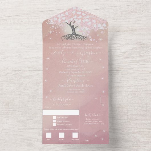 Elegante Roze Hartblad Boom Bruiloft All In One Uitnodiging (Binnen)