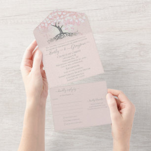 Elegante Roze Hartblad Boom Bruiloft Alles In All In One Uitnodiging