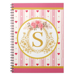 Elegante Roze Harten en Rozen Bloemrijke Monogram Notitieboek