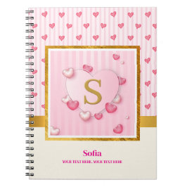 Elegante Roze Harten & Gouden Monogram Meisjesacht Notitieboek