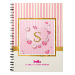 Elegante Roze Harten, Gouden Strepen Monogram init Notitieboek