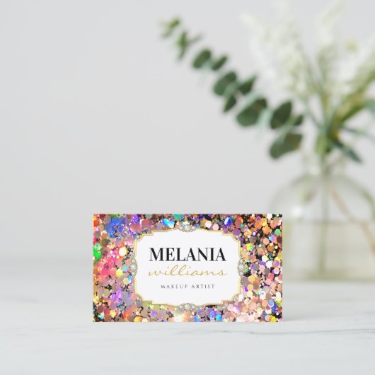 Elegante roze holografische glitter make-up arties visitekaartje (Staand voorkant)