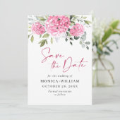 Elegante roze hortensia bloemenbruiloft save the date (Staand voorkant)
