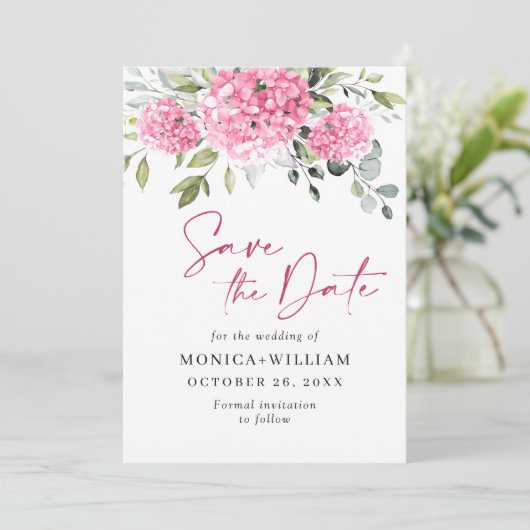 Elegante roze hortensia bloemenbruiloft save the date (Staand voorkant)
