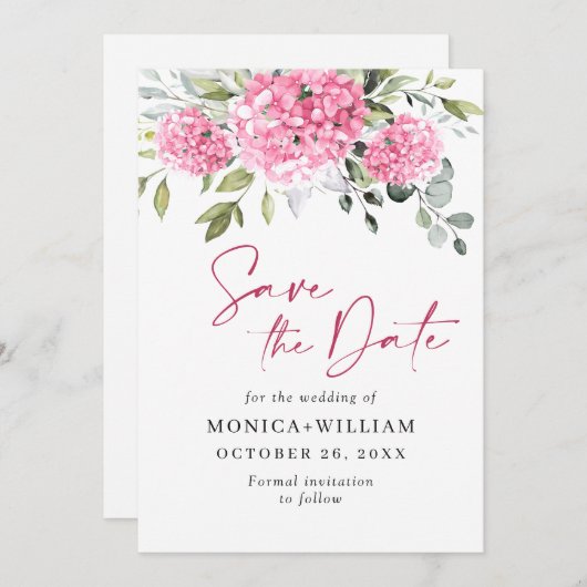 Elegante roze hortensia bloemenbruiloft save the date (Voorkant / Achterkant)