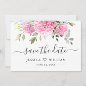 Elegante roze hortensia bloemenbruiloft save the date (Voorkant)