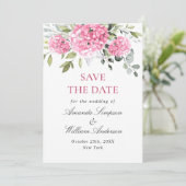Elegante roze hortensia bloemenbruiloft save the date (Staand voorkant)