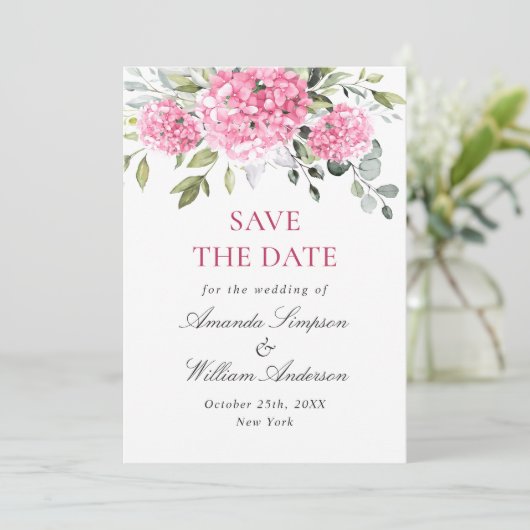 Elegante roze hortensia bloemenbruiloft save the date (Staand voorkant)