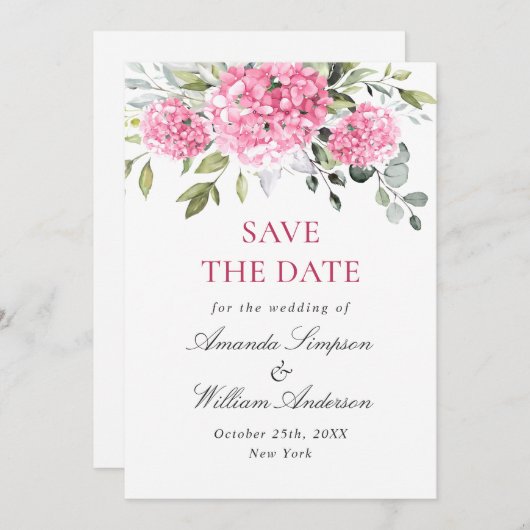 Elegante roze hortensia bloemenbruiloft save the date (Voorkant / Achterkant)