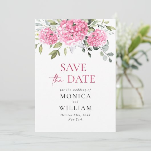 Elegante Roze Hortensia Bloemige Trouwfoto Save The Date (Staand voorkant)