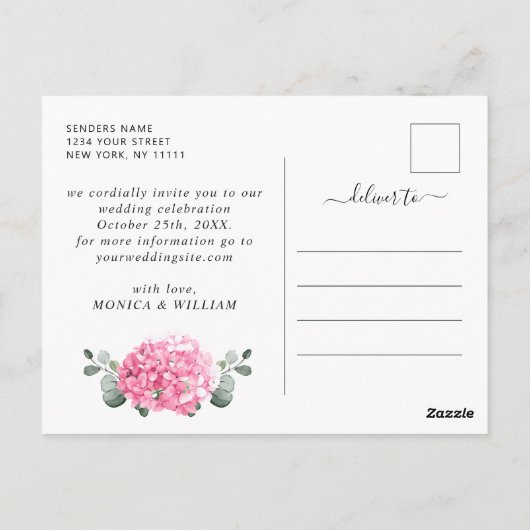 Elegante Roze Hortensia Trouwkaart 'Save the Date' Briefkaart (Achterkant)