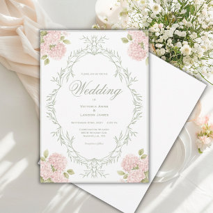 Elegante Roze Hortensia's Vintage Trouwuitnodiging Kaart