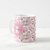 Elegante Roze Hydragea Bloemen Patroon Monogram Co Koffiemok (Voorkant links)