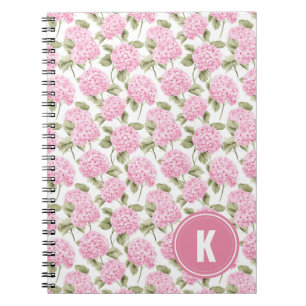 Elegante Roze Hydragea Bloemen Patroon Monogram Notitieboek