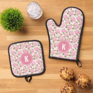 Elegante roze Hydragea bloemen patroon Monogram Ovenwant & Pannenlap Set