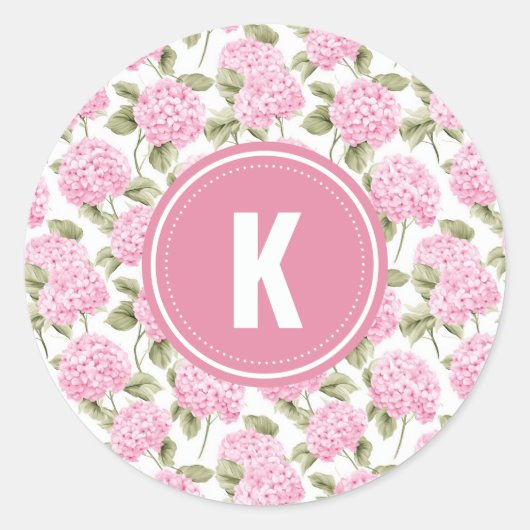 Elegante roze Hydragea bloemen patroon Monogram Ronde Sticker (Voorkant)