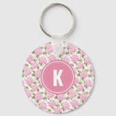 Elegante roze Hydragea bloemen patroon Monogram Sleutelhanger (Voorkant)