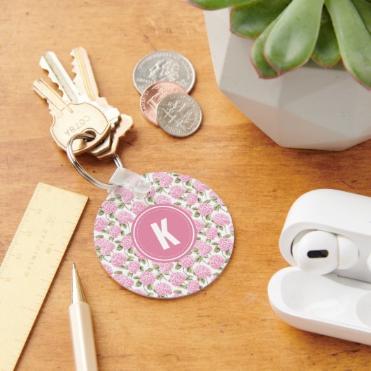 Elegante roze Hydragea bloemen patroon Monogram Sleutelhanger (Bureau)