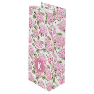Elegante roze Hydragea bloemen patroon Monogram Wijn Cadeautas